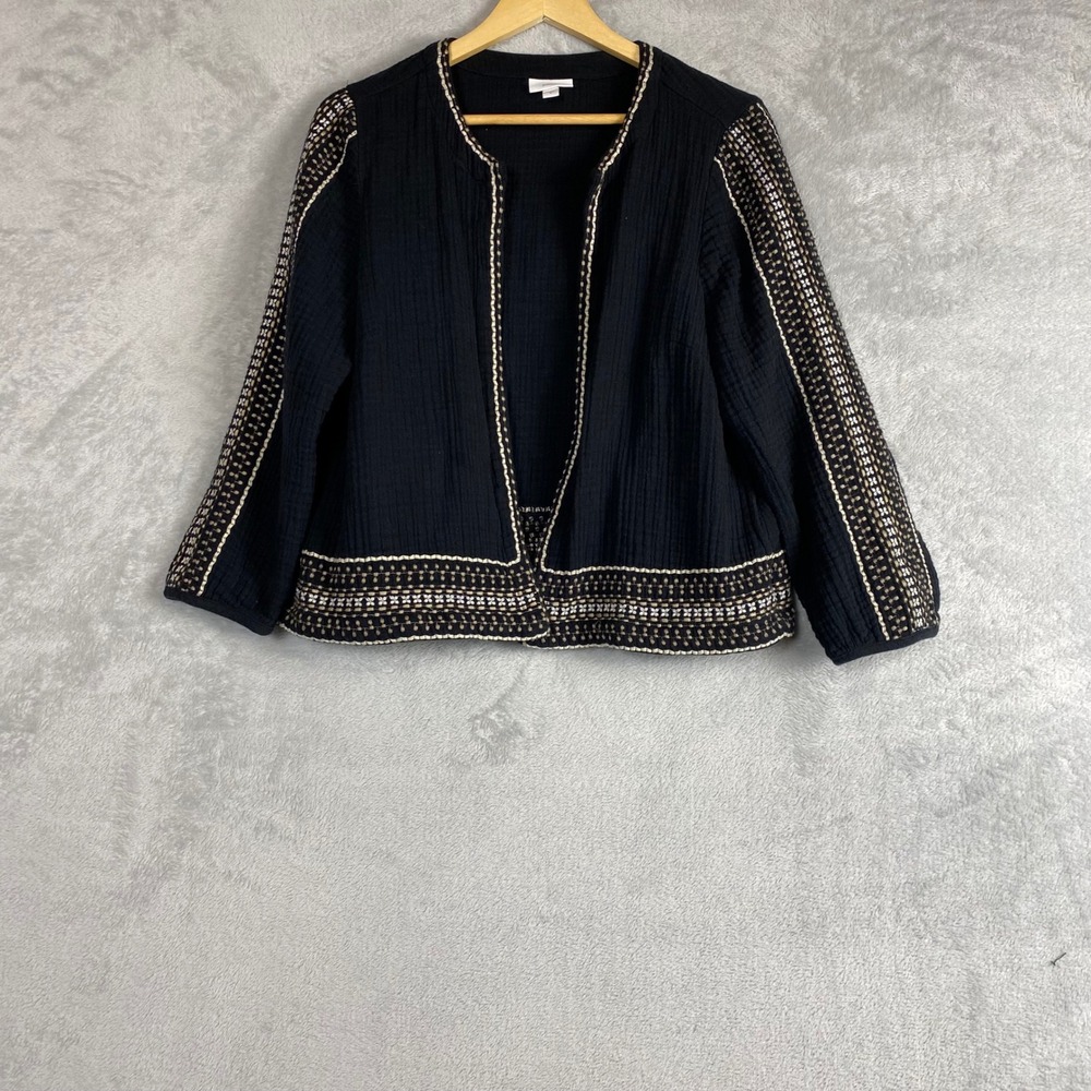 Pure Jill Womens Black Cotton Gauze Embroidered Open Front Jacket Medium M‎